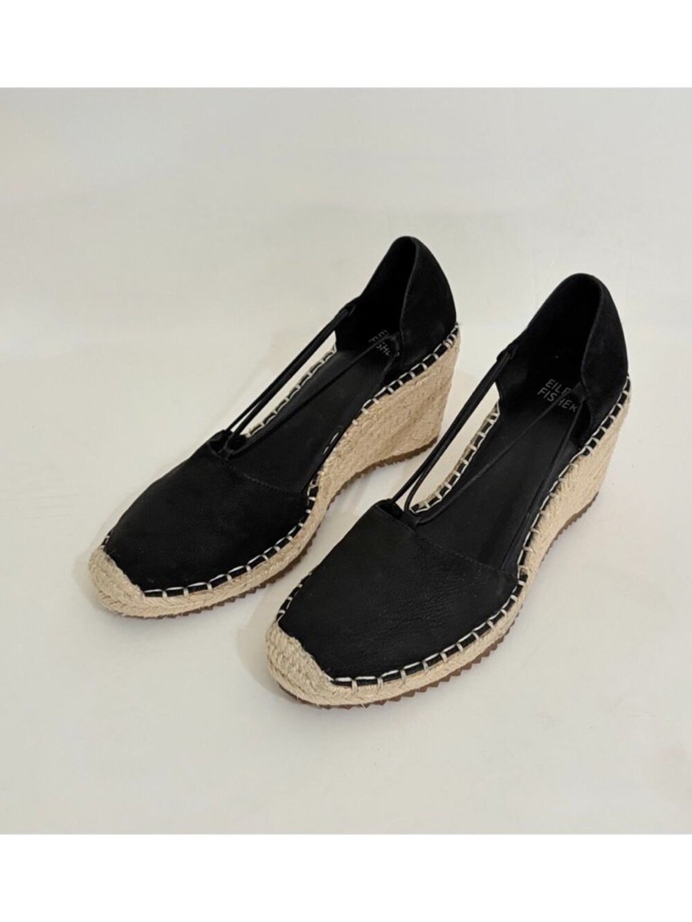 EILEEN FISHER Black Tumbled Nubuck Espadrilles Shoes Wedge Heels Size 6.5